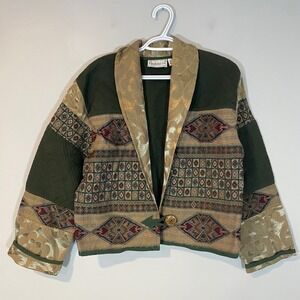 Flashback Vintage Tapestry Patchwork Jacket Green Gold Boho Art To Wear Medium